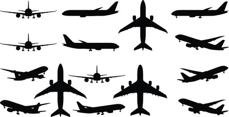 Commercial airplane silhouettes collection, multiple aircraft views isolated on white background, aviation travel transport design elements illustration, vector, set, graphic ©  jahanara