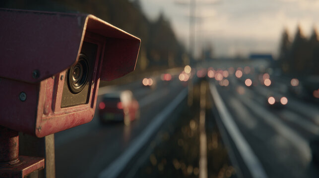 A red traffic camera mounted on a pole beside a busy highway during daylight with moving vehicles