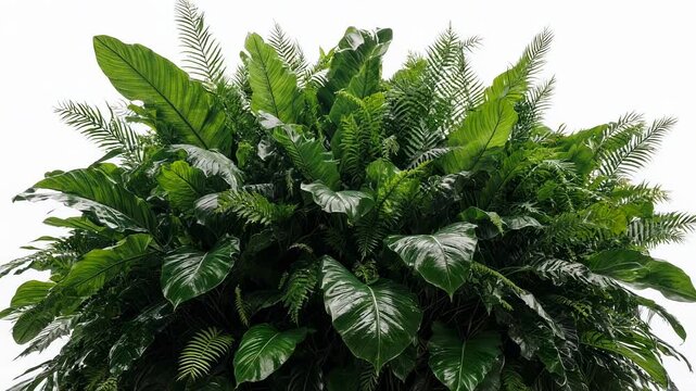 Vibrant green tropical plant foliage featuring diverse leaf shapes and textures for a lush natural display