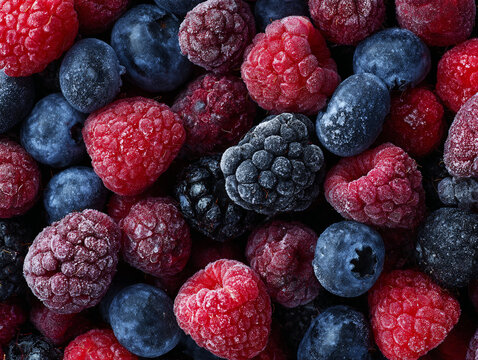 Macro top view of mixed frozen berries including raspberries, blueberries, and blackberries with frost