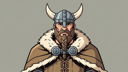 Viking warrior with horned helmet and fur cape standing strong and fierce in medieval norse mythology inspired cartoon illustration