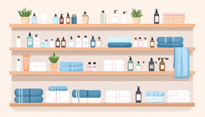 Obraz premium A well-organized bathroom or spa storage area with multiple wooden shelves displaying various personal care products, lotions, soaps, and neatly folded blue and white towels.
