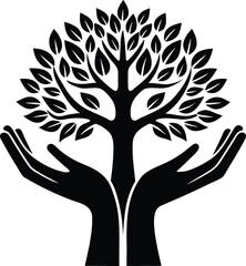 Obraz premium Black silhouette of hands cradling a stylized tree with leaves
