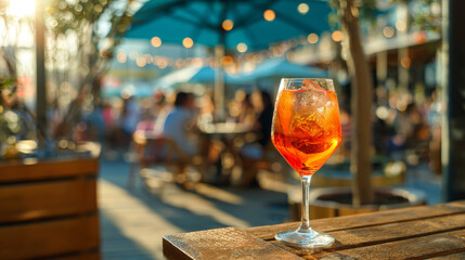 Obraz premium A vibrant aperol spritz cocktail with ice cubes and orange slices in a clear glass on a rustic wooden table outdoors at a lively patio setting
