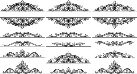 Fototapeta premium Black vintage ornamental divider set decorative baroque scroll borders classic floral elements cad drawing flat vector illustration