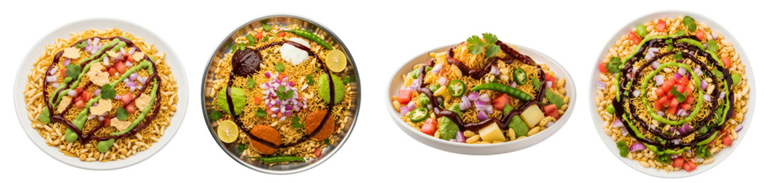 Four plates of bhel puri with various toppings and sauces arranged on a plain surface in a row on transparent background