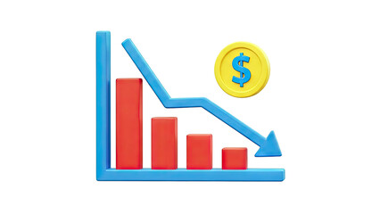 3D Bar Chart Showing Financial Decline with Dollar Coin on transparent background