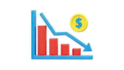 3D Bar Chart Showing Financial Decline with Dollar Coin on transparent background