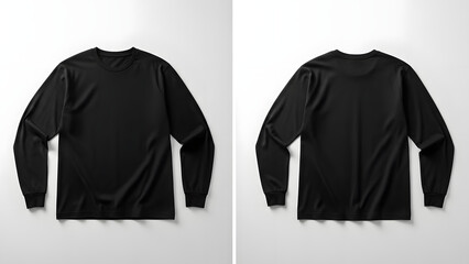 Versatile blank black long-sleeve t-shirt mockup set featuring both front and back views, ideal for apparel design, product display, and branding projects