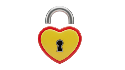 3D Heart shaped padlock with silver shackle on transparent background