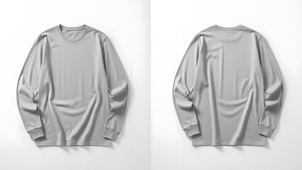 Blank Light Gray Long Sleeve T-Shirt Mockup Front and Back Views on White Background, Versatile Apparel Template for Design Presentation and Branding Customization