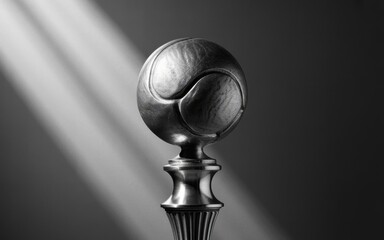 A tennis ball sits atop a decorative finial in a dramatic black and white setting