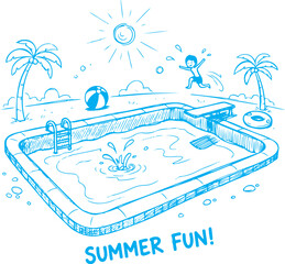 Hand Drawn Swimming Pool Doodle &ndash; Blue Line Sketch Summer Concept