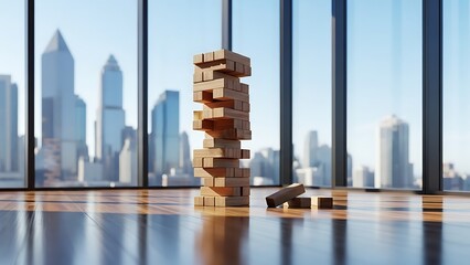 Towering wooden blocks stacked precariously, on a polished wooden floor, with a city skyline visible through large windows, symbolizing risk and strategy in a business context