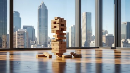 Balancing act in the modern business world, a precarious tower of wooden blocks stands against a backdrop of towering city skyscrapers, symbolizing challenges and strategic decisions