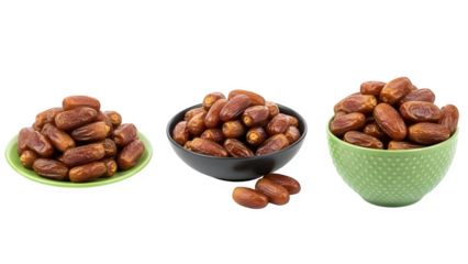 Three bowls of roasted chestnuts isolated on transparent background