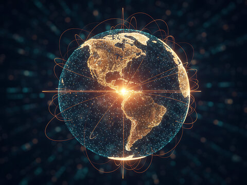 Global cashless payment network visualization glowing data lines world map futuristic fintech theme international transaction display digital finance connectivity, Global Financial Technology - Powered by Adobe