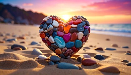 A heart shape crafted from various colored pebbles rests on sandy beach as the sun sets over the ocean, with soft focus