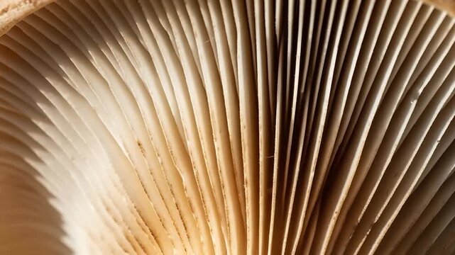Macro Mushroom Gills Texture Abstract Organic Fungi Pattern with Natural Light and Earthy Tones.