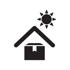 Simple black icon of a house with a box under the roof and the sun above