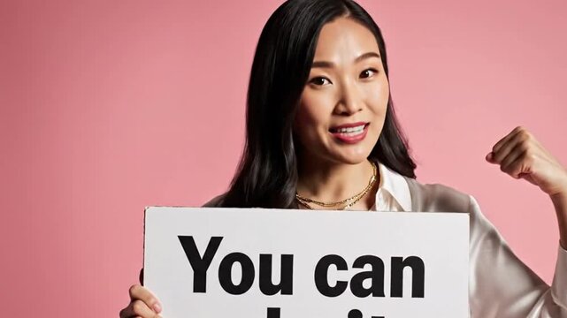 A vibrant and confident young adult woman smiles broadly and points enthusiastically at a positive message displayed on a white sign. Against a clean, bright pink background, she conveys a powerful se