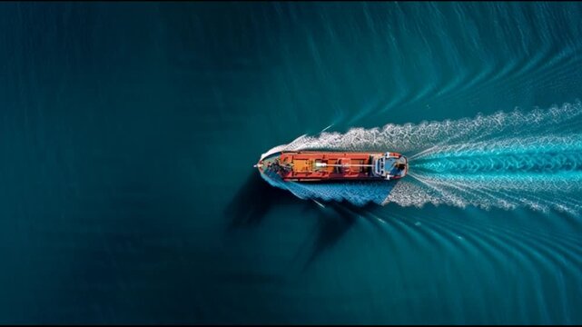 Cargo ship sailing across open water aerial view