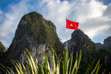 National flag of Vietnam in Ha Long Bay, Vietnam