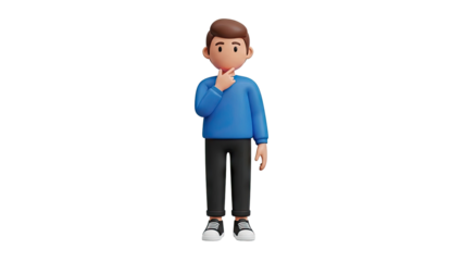 3D Cartoon Man Thinking Gesture on transparent background