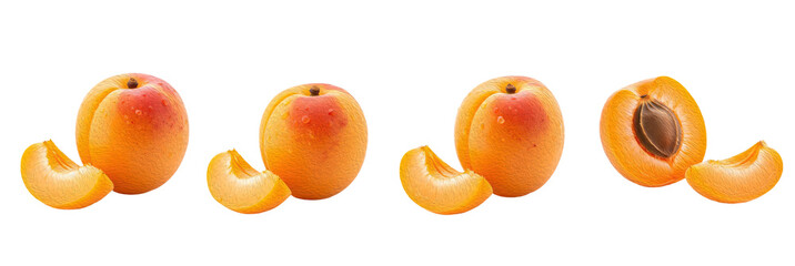 Set of Fresh Whole Apricots and Sliced Apricot Halves with Pits, Oil Paint Style, Isolated on Transparent Background, PNG