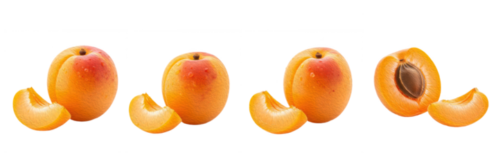Set of Fresh Whole Apricots and Sliced Apricot Halves with Pits, Oil Paint Style, Isolated on Transparent Background, PNG