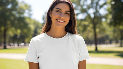 A young woman smiles joyfully in a bright, natural outdoor setting, showcasing a clean white t-shirt