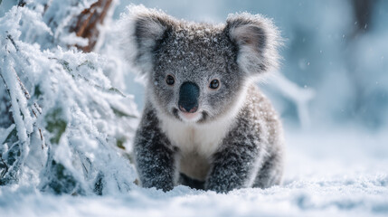 Obraz premium Adorable baby koala bear with soft gray fur and dark nose sitting in snowy winter landscape with frosty environment