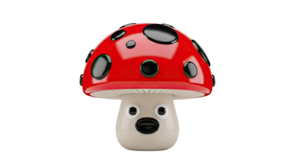 3D Cute Mushroom Character with Big Eyes and Red Spotted Cap on transparent background