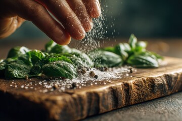 Chef’s hand sprinkling sea salt and black pepper over fresh basil on rustic wood for artisanal food styling concept


