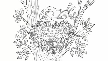 Fototapeta premium Coloring book for children - A bird builds a nest in the shape of a heart on a tree branch
