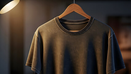 Close-up of a dark grey t-shirt hanging on a wooden hanger under a light source, studio shot
