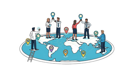 Global Business Team on World Map Vector Illustration: Diverse Professionals Holding Location Pins - International Collaboration Concept for Worldwide Networking