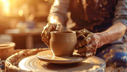 Artisan Hands Crafting a Handmade Ceramic Mug on a Traditional Pottery Wheel in Natural Light