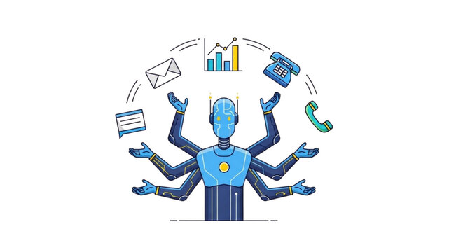 Multitasking AI Robot Vector Illustration: Blue Bot Juggling Business Icons like Email, Graphs, Phones - Automation Concept for Tech Efficiency, Productivity