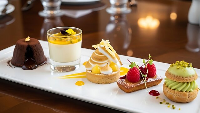 Assorted Mini Patisserie Selection With Passion Fruit Mousse And Raspberry Financier On White Plate - Powered by Adobe