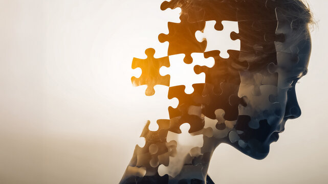 Abstract concept of a human profile and puzzle symbolizing cognition and problem solving