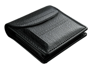 Black leather bifold wallet with textured finish and snap closure