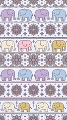 Colorful Elephant Pattern with Floral Elements on Light Background for Creative Design Projects