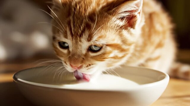 Close up of ginger feline kitten drinking fresh milk from white bowl on wooden table, small orange pet cat showing focused expression and soft fur in warm natural light environment