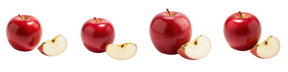 Set of Red Apple Fruits and Slices, Oil Paint Style, Isolated on Transparent Background, PNG