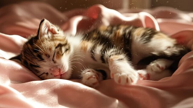 Sleeping kitten resting peacefully on soft pink fabric with cozy fur bathed in warm sunlight, calm small cat pet enjoying gentle indoor atmosphere and quiet animal moment