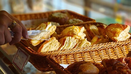Freshly baked puff pastries arranged in wicker baskets at a bakery display. Golden, flaky layers and warm lighting create an inviting atmosphere, highlighting freshness and quality. Suitable for baker