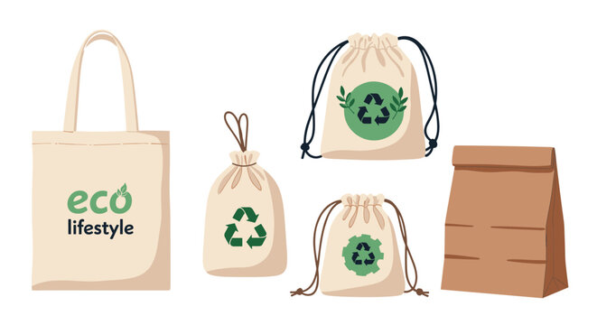 A set of eco-friendly and reusable bags, including a canvas tote, drawstring pouches, and a paper bag for sustainable shopping.