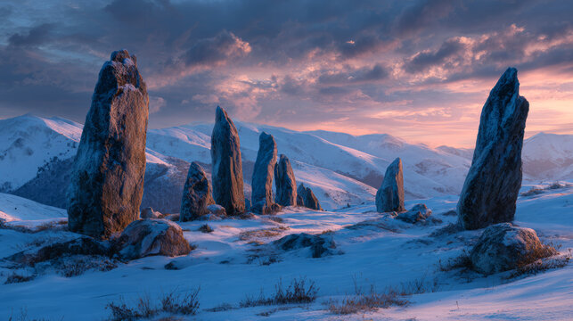 Ancient standing stones of chalcedon covered in snow under a colorful sunset sky, featuring large weathered limestone monoliths with rough textures in a cold winter landscape