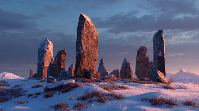 Ancient standing stones of chalcedon covered in snow under a cloudy sky with mountain background